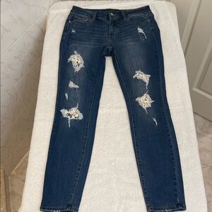 Judy Blue Distressed See Thru Lace Mid Rise Unique Stretch Figure Hugging  7/28